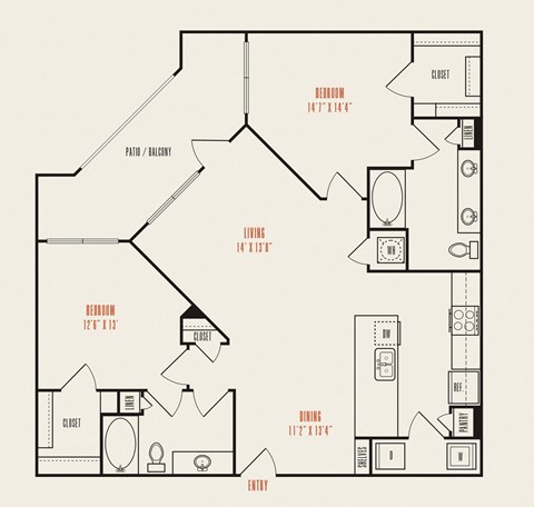 Floor plan for 2 beds, 2 baths, 1189 sqft